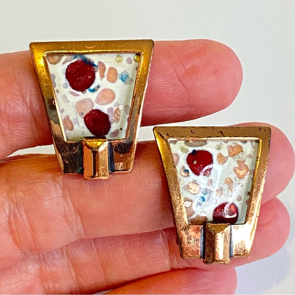 Vintage Matisse Renoir Copper Enamel Earrings Modernist Terrazzo Clip On 1950s